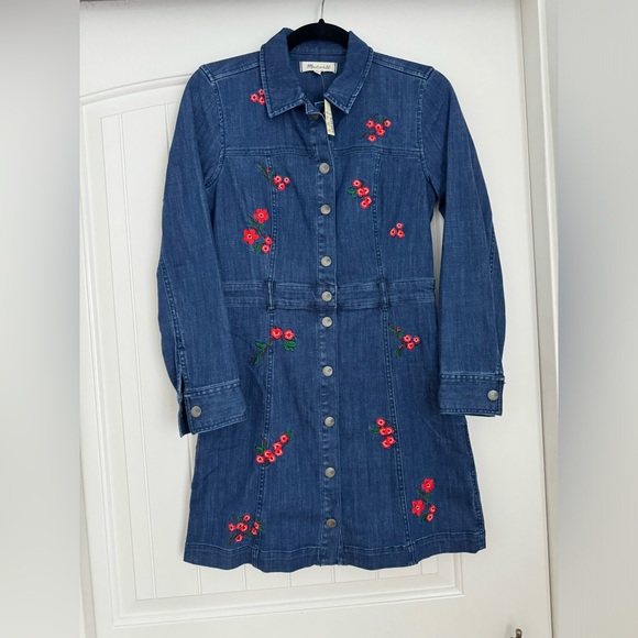 Madewell Embroidered Floral Denim Shirt Dress 2 NWT Pockets - Picture 3 of 12